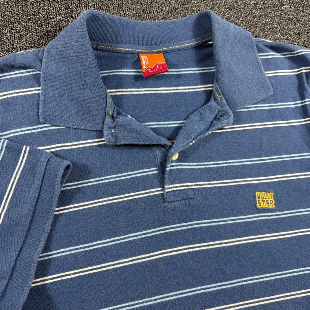 Vintage HCO Hollister Men's XXL Blue Striped Short‎ Sleeve Polo Shirt Y2K Surf